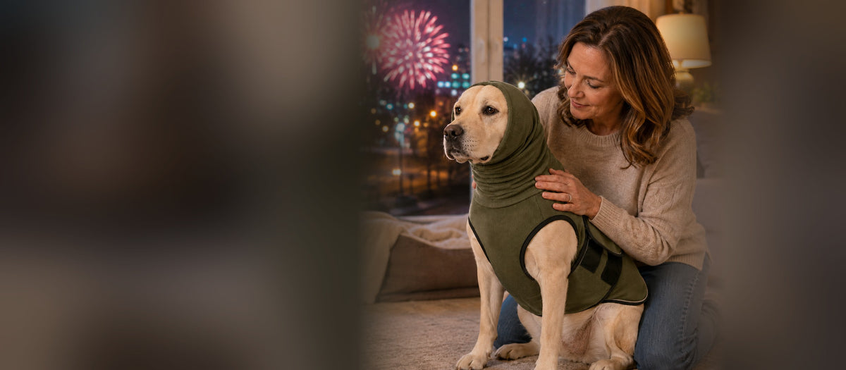 Labrador con el chaleco antiestrés PetSolver verde, tranquilo junto a su dueña mientras hay fuegos artificiales en la ventana