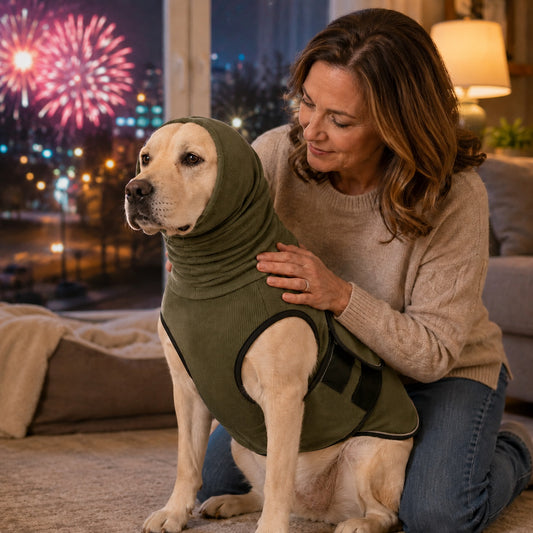 Labrador con el chaleco antiestrés PetSolver verde, tranquilo junto a su dueña durante los fuegos artificiales