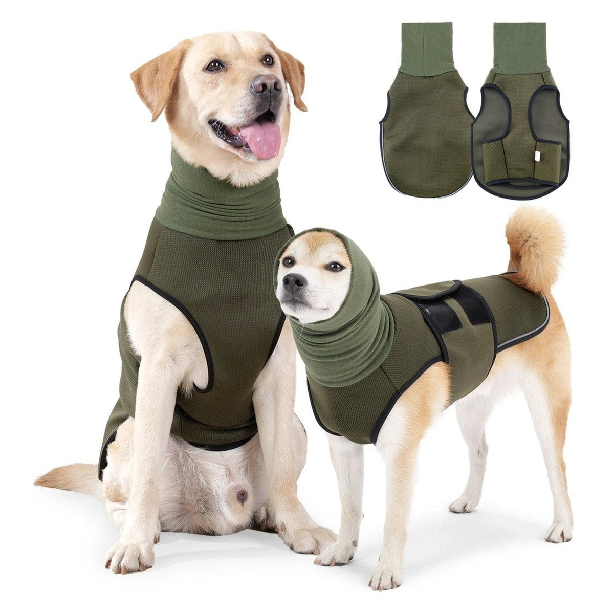 Chaleco antiestrés PetSolver verde puesto en dos perros, con la capucha bajada y subida, y el chaleco de frente y del revés mostrando la malla interior y el velcro