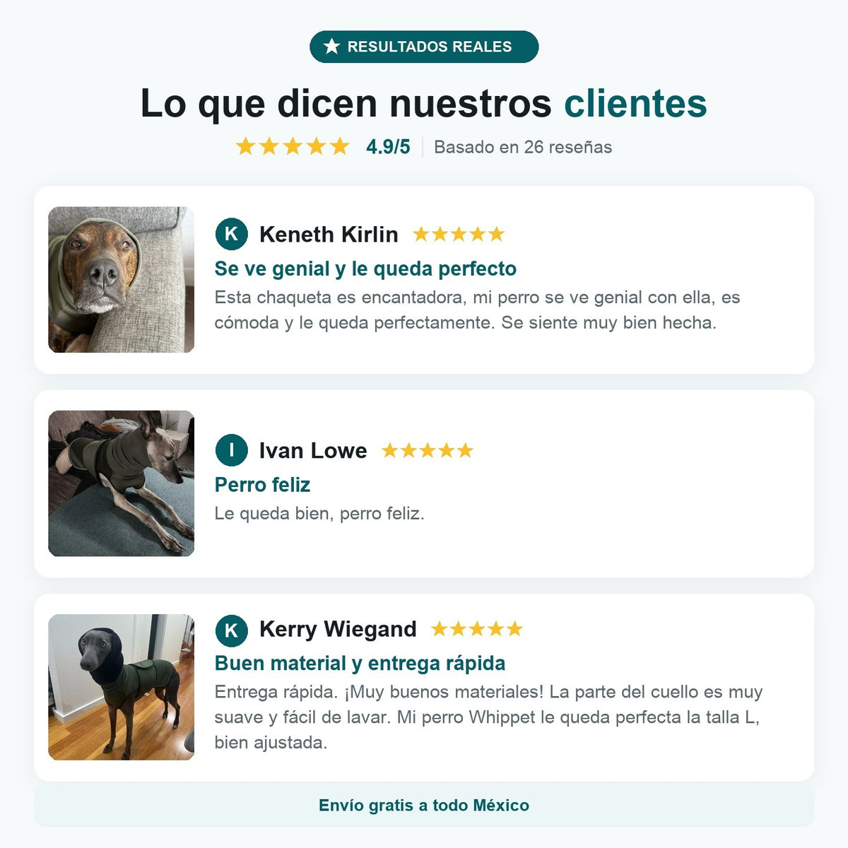 Tres reseñas de compradores del chaleco antiestrés verde con foto real de su perro: Keneth Kirlin, Ivan Lowe y Kerry Wiegand, 5 estrellas cada una. Valoración 4.9 de 5 basada en 26 reseñas
