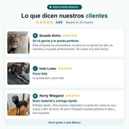 Tres reseñas de compradores del chaleco antiestrés verde con foto real de su perro: Keneth Kirlin, Ivan Lowe y Kerry Wiegand, 5 estrellas cada una. Valoración 4.9 de 5 basada en 26 reseñas